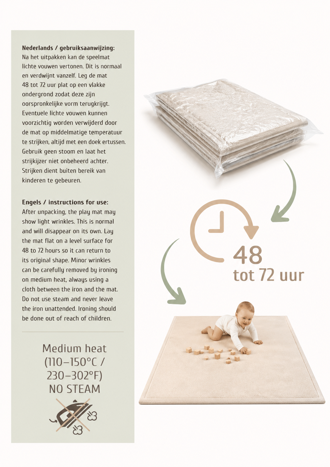 Wizzimo® Baby speelkleed speelmat - ⌀200 cm - Speelkleed kinderen - Extra dikke traagschuim vulling 3 cm - Beige - Rond - Antislip - Afbeelding 13