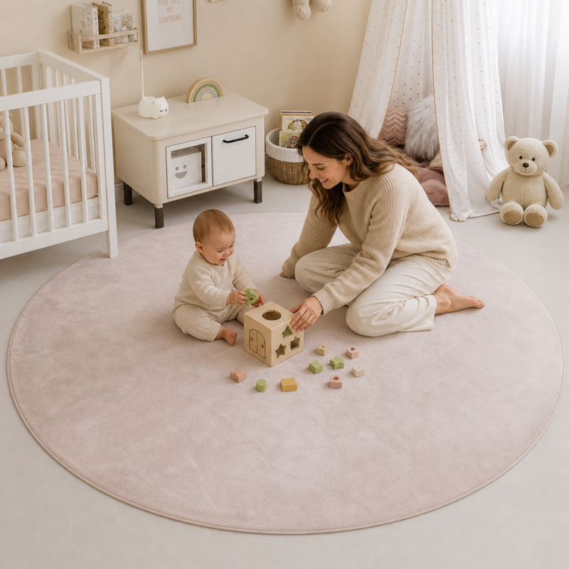 Rond speelkleed van 200 cm in soft pink en beige met 3 cm traagschuim