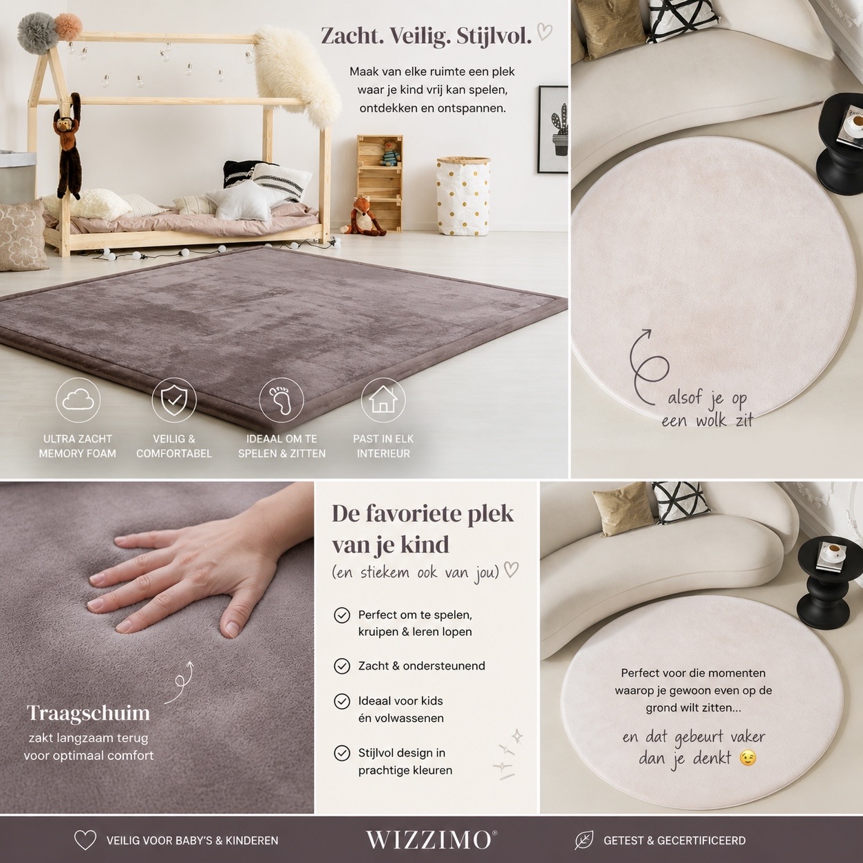 Wizzimo® Baby speelkleed speelmat - ⌀200 cm - Speelkleed kinderen - Extra dikke traagschuim vulling 3 cm - Beige - Rond - Antislip - Afbeelding 14