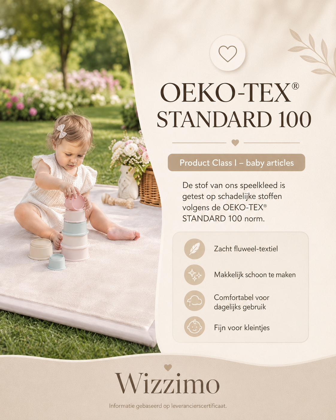 Wizzimo® Baby speelkleed speelmat - 200x180 - Speelkleed kinderen - Extra dikke traagschuim vulling 3 cm - Beige - Anti slip - Afbeelding 3