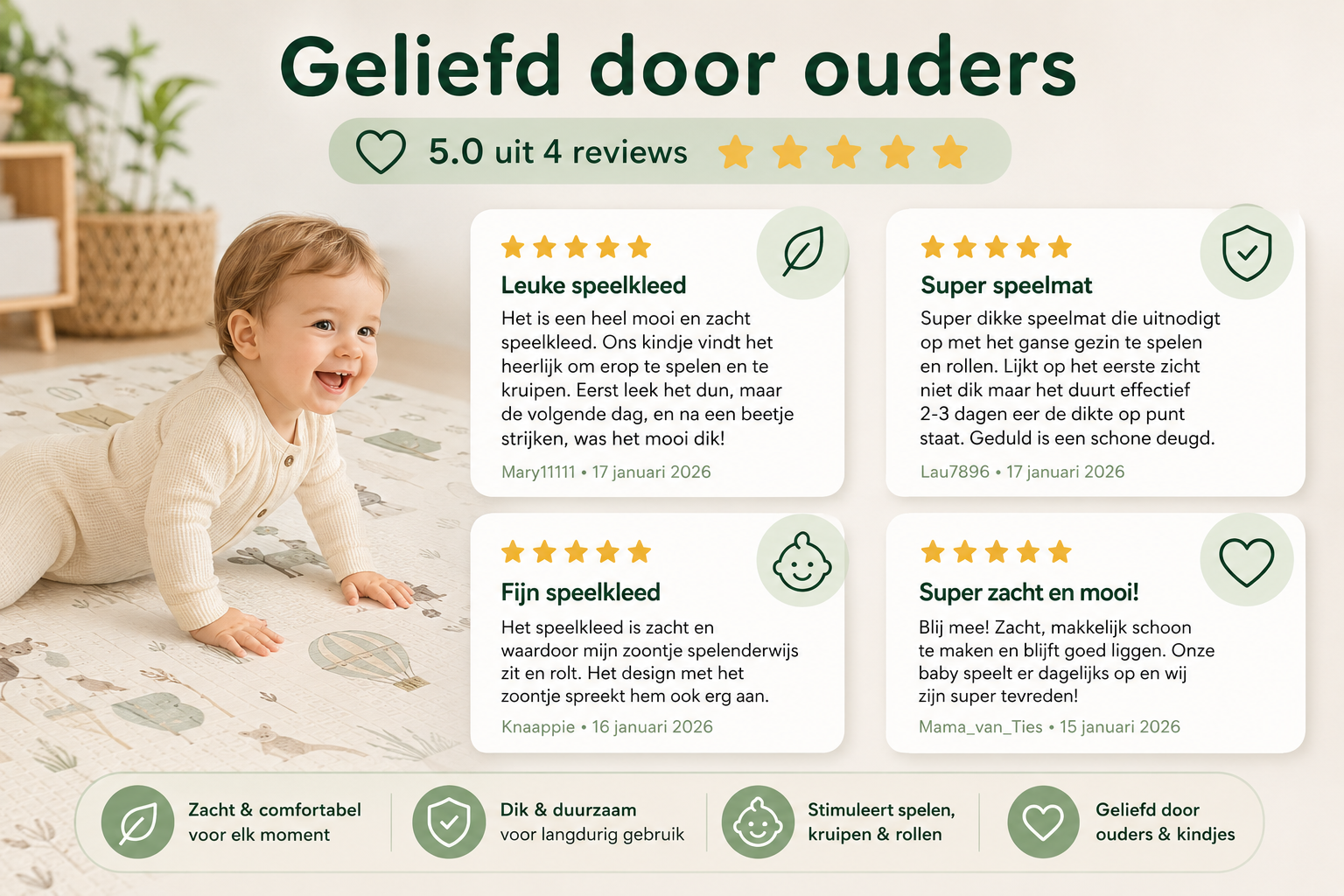 Wizzimo® Baby speelkleed speelmat - 200x180 - Speelkleed kinderen - Extra dikke traagschuim vulling 3 cm - Bruin - Anti slip - Afbeelding 15