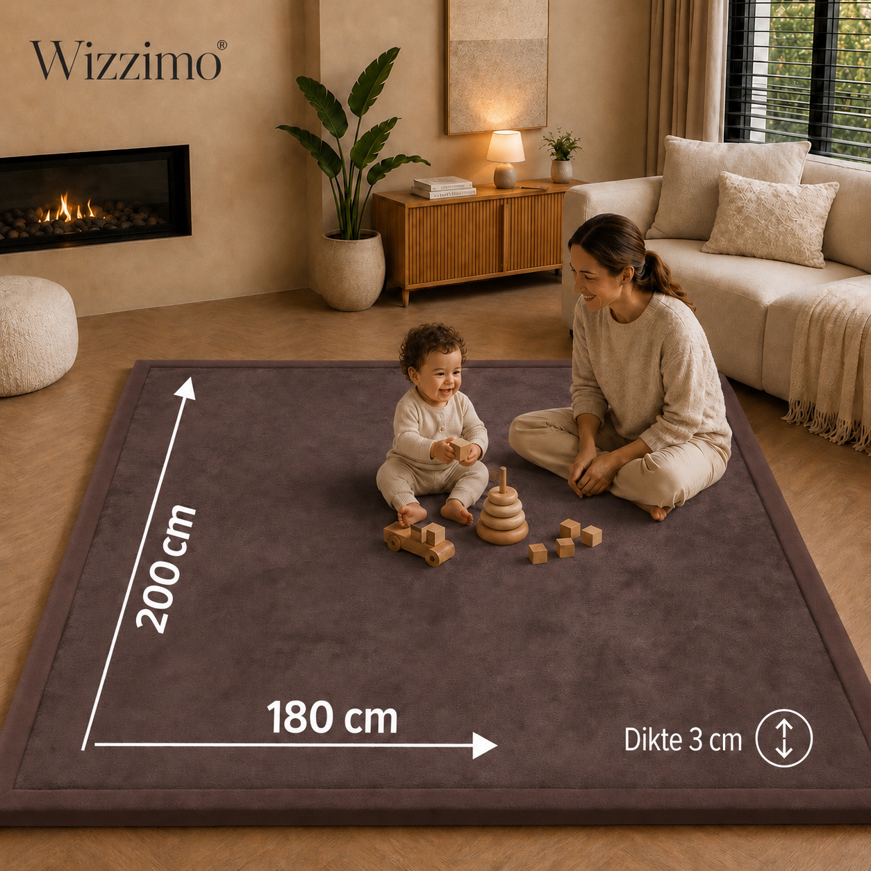 Wizzimo® Baby speelkleed speelmat - 200x180 - Speelkleed kinderen - Extra dikke traagschuim vulling 3 cm - Bruin - Anti slip - Afbeelding 2