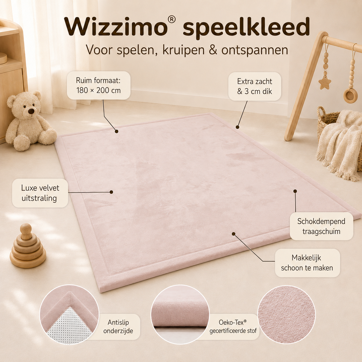 Wizzimo® Baby speelkleed 180x200x3 cm - Speelkleed kinderen met traagschuim vulling - beige/soft pink- Anti slip - Afbeelding 2