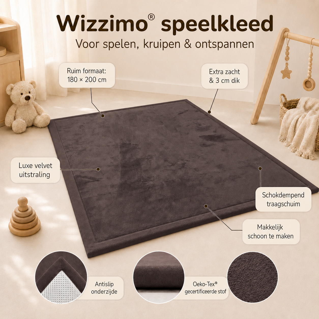 Wizzimo® Baby speelkleed 180x200x3 cm Speelkleed kinderen met traagschuim vulling - Bruin - Anti slip - Afbeelding 2