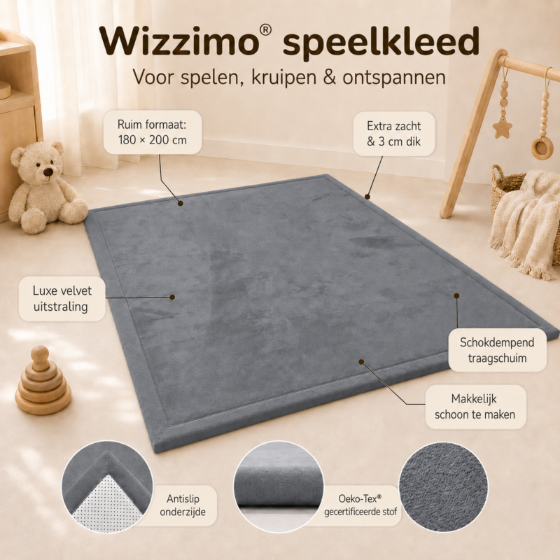 Grote speelmat 180x200 cm in grijs met 3 cm traagschuim, afbeelding 2