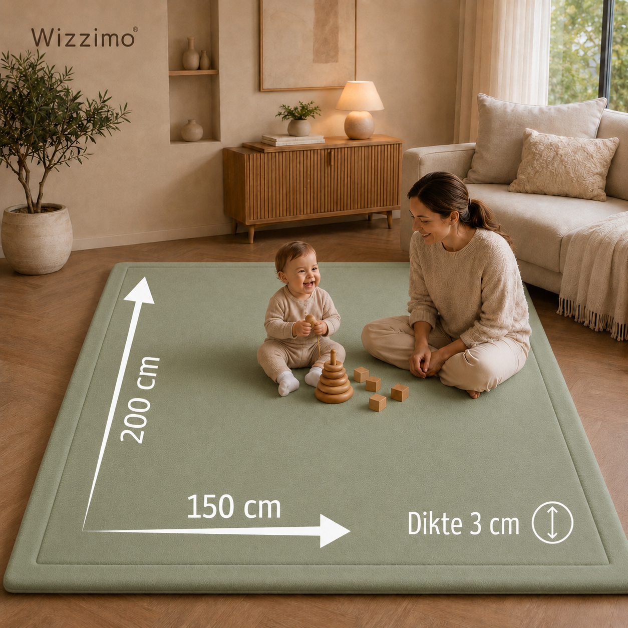 Wizzimo® Speelkleed 150x200 cm – Groen - Extra Dik 3 cm Traagschuim | Fluweelzacht | Oeko-Tex® - Afbeelding 12