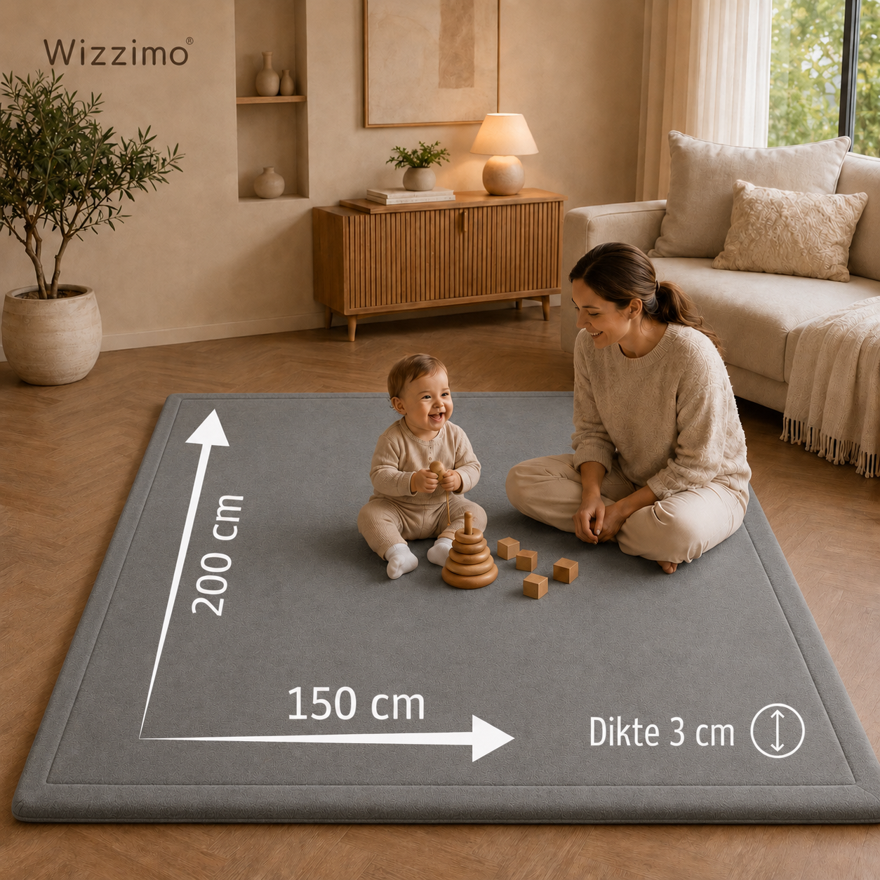 Wizzimo® Speelkleed 150x200 cm – Grijs - Extra Dik 3 cm Traagschuim | Fluweelzacht | Oeko-Tex® - Afbeelding 7