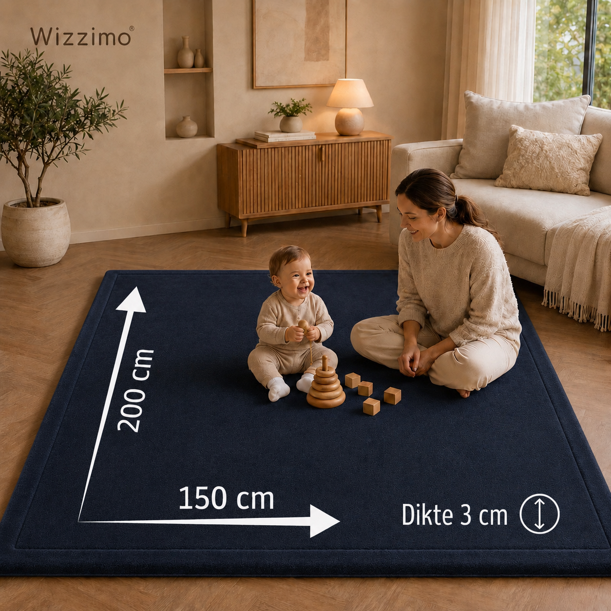 Wizzimo® Speelkleed 150x200 cm – Donkerblauw - Extra Dik 3 cm Traagschuim | Fluweelzacht | Oeko-Tex® - Afbeelding 7