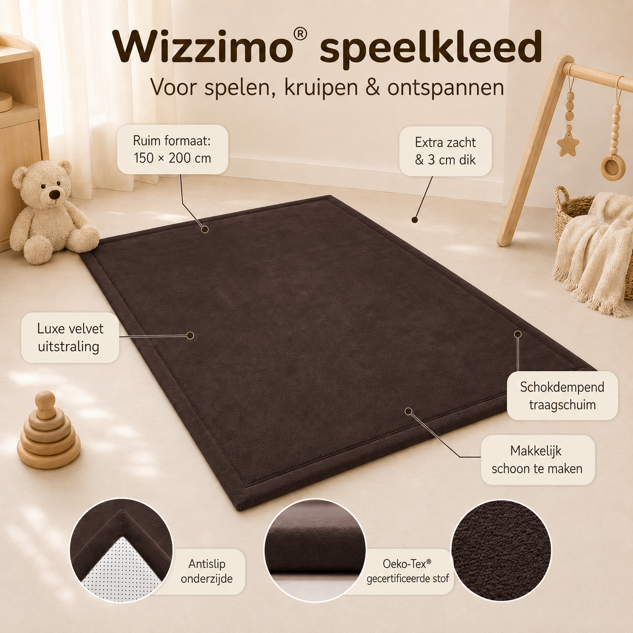 Wizzimo® Speelkleed 150x200 cm – Bruin - Extra Dik 3 cm Traagschuim | Fluweelzacht | Oeko-Tex® - Afbeelding 2