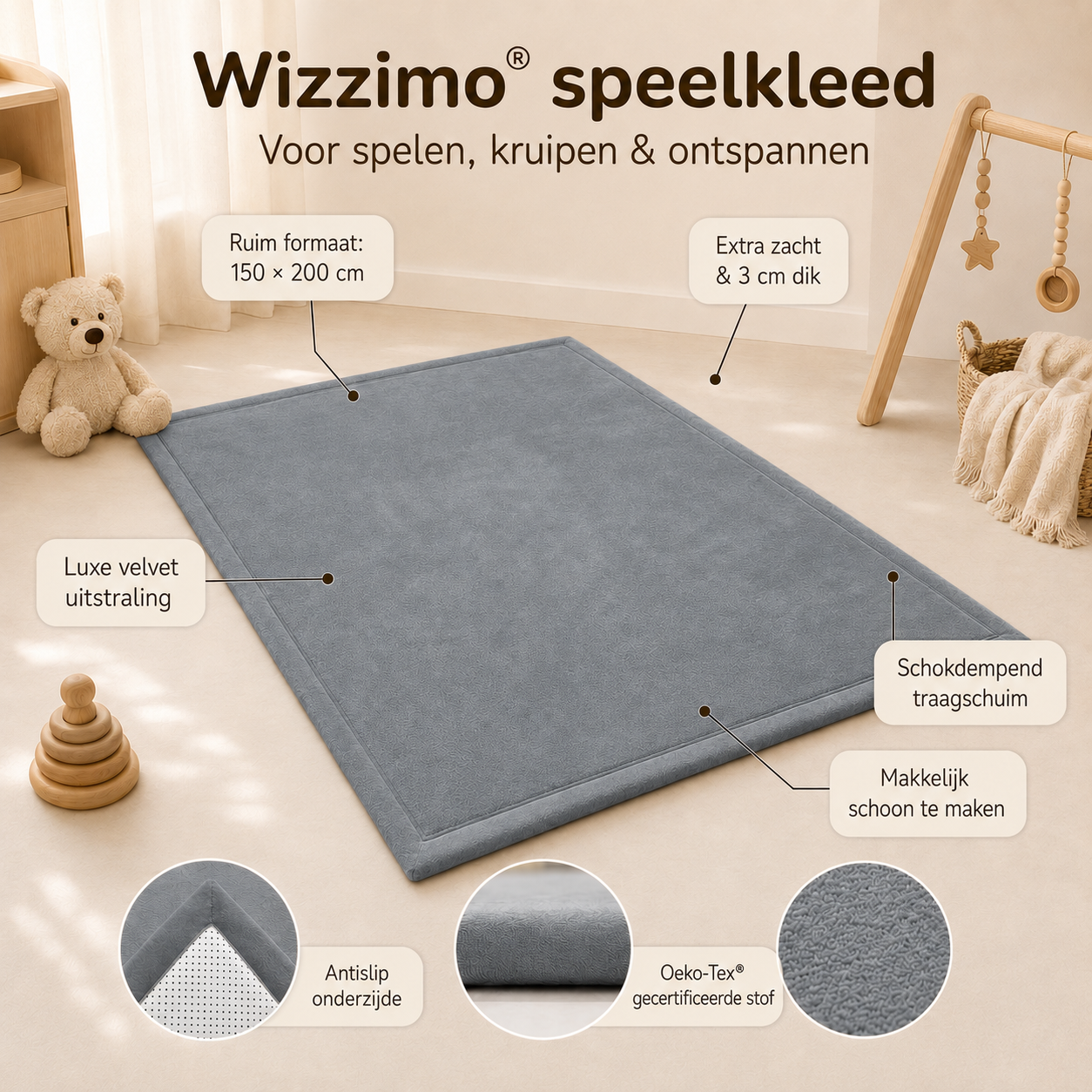Wizzimo® Speelkleed 150x200 cm – Grijs - Extra Dik 3 cm Traagschuim | Fluweelzacht | Oeko-Tex® - Afbeelding 2