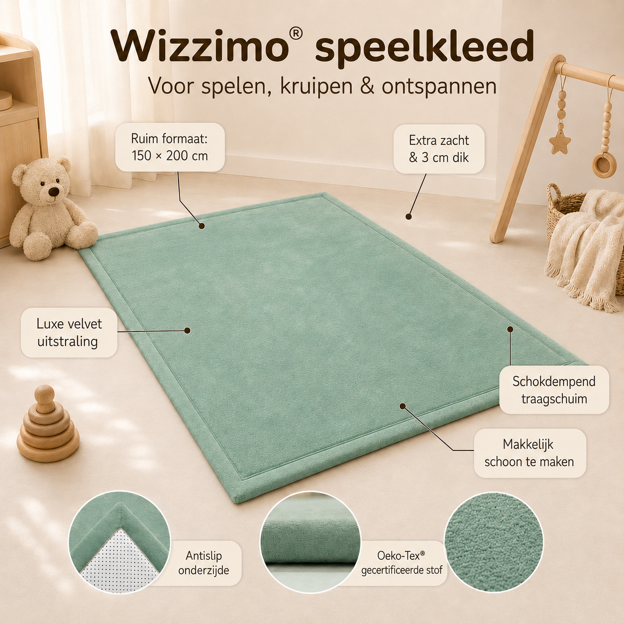 Wizzimo® Speelkleed 150x200 cm – Groen - Extra Dik 3 cm Traagschuim | Fluweelzacht | Oeko-Tex® - Afbeelding 2