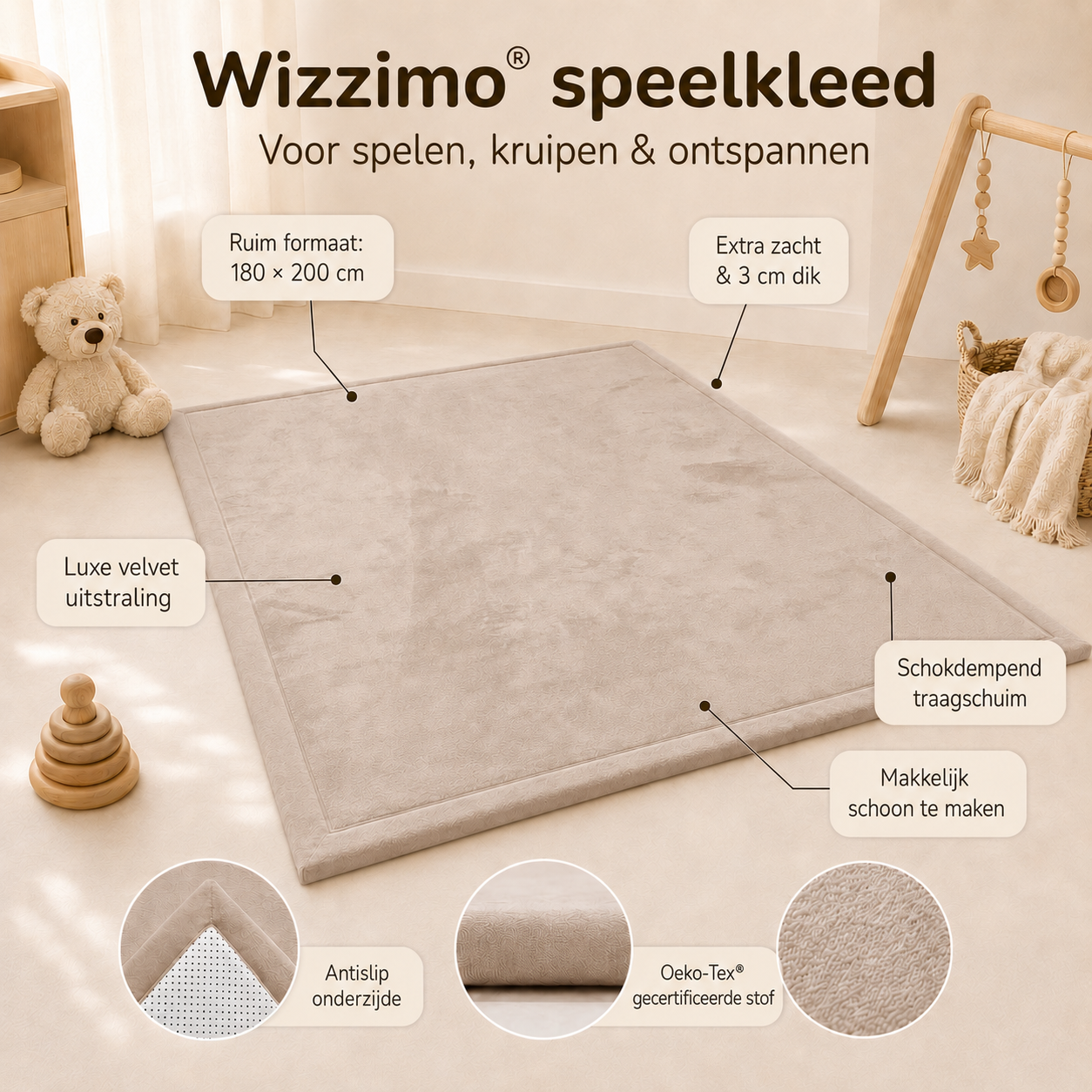 Wizzimo® Speelkleed 180x200 cm – Sand Beige - Extra Dik 3 cm Traagschuim | Fluweelzacht | Oeko-Tex® - Afbeelding 2