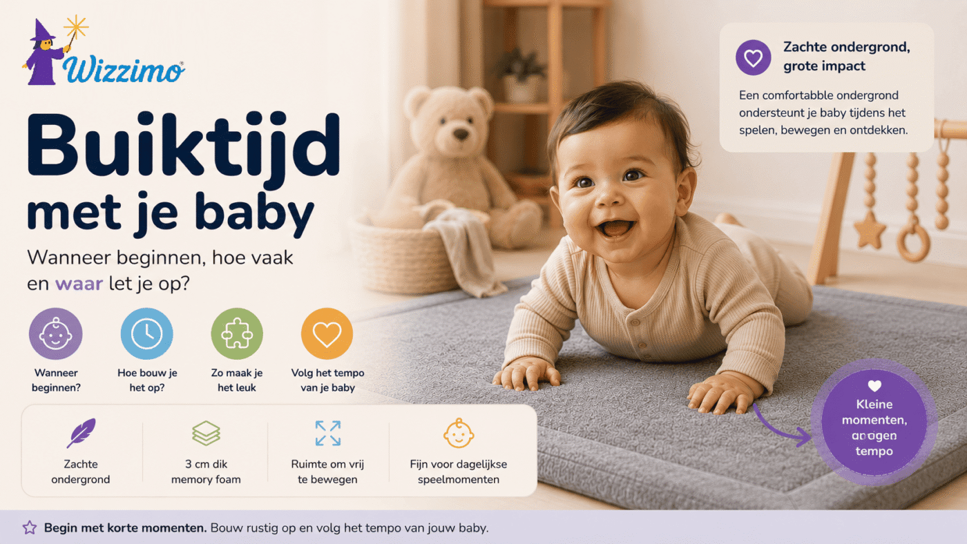 Baby speelt op een rond beige Wizzimo speelkleed in de woonkamer