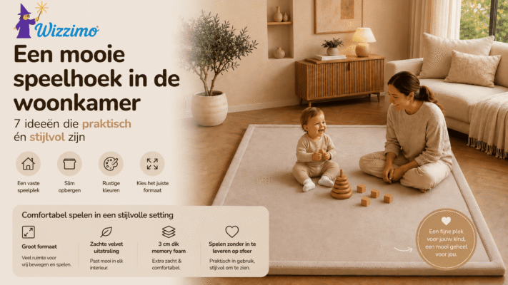 Peuter speelt met houten blokken op een beige Wizzimo speelkleed